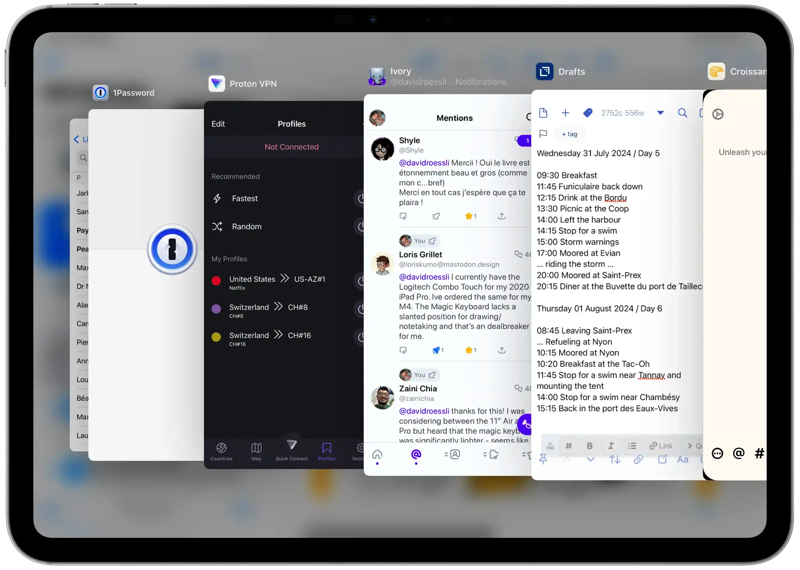 iPad screenshot showing iPadOS 18 Slide Over stacked apps