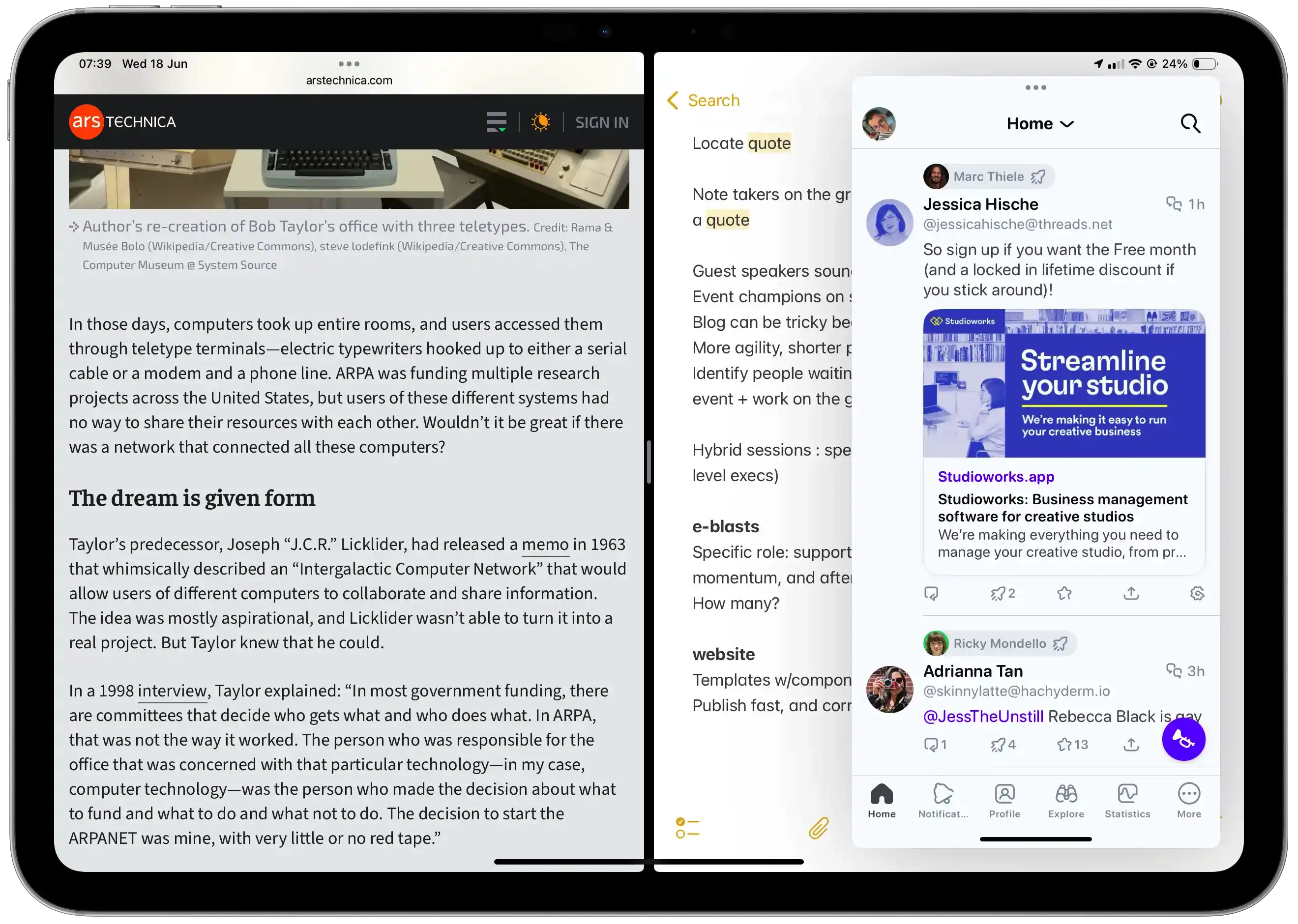 iPad screenshot of 2 apps in Split View, and 1 in Slide Over