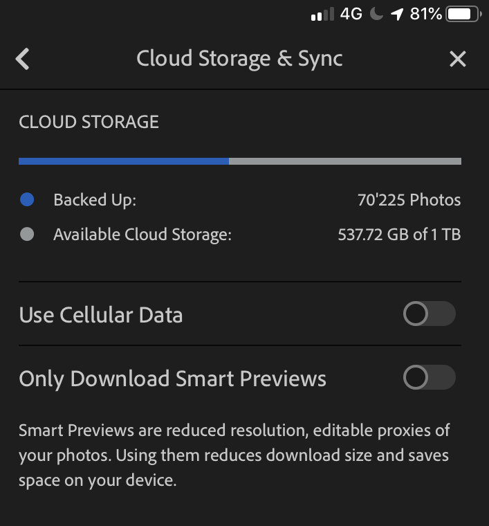 Lightroom cloud storage settings