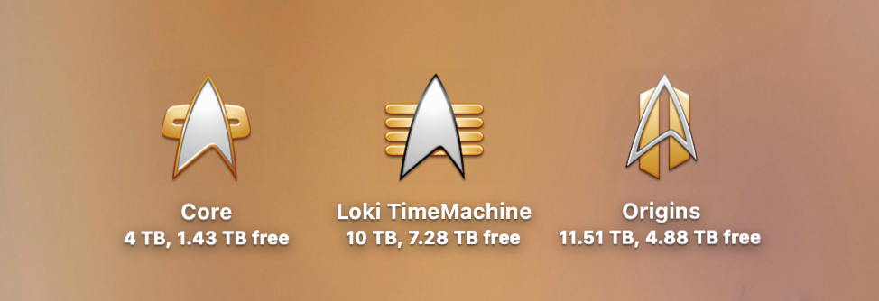 My current drive icons : internal storage, TimeMachine drive and Synology drive