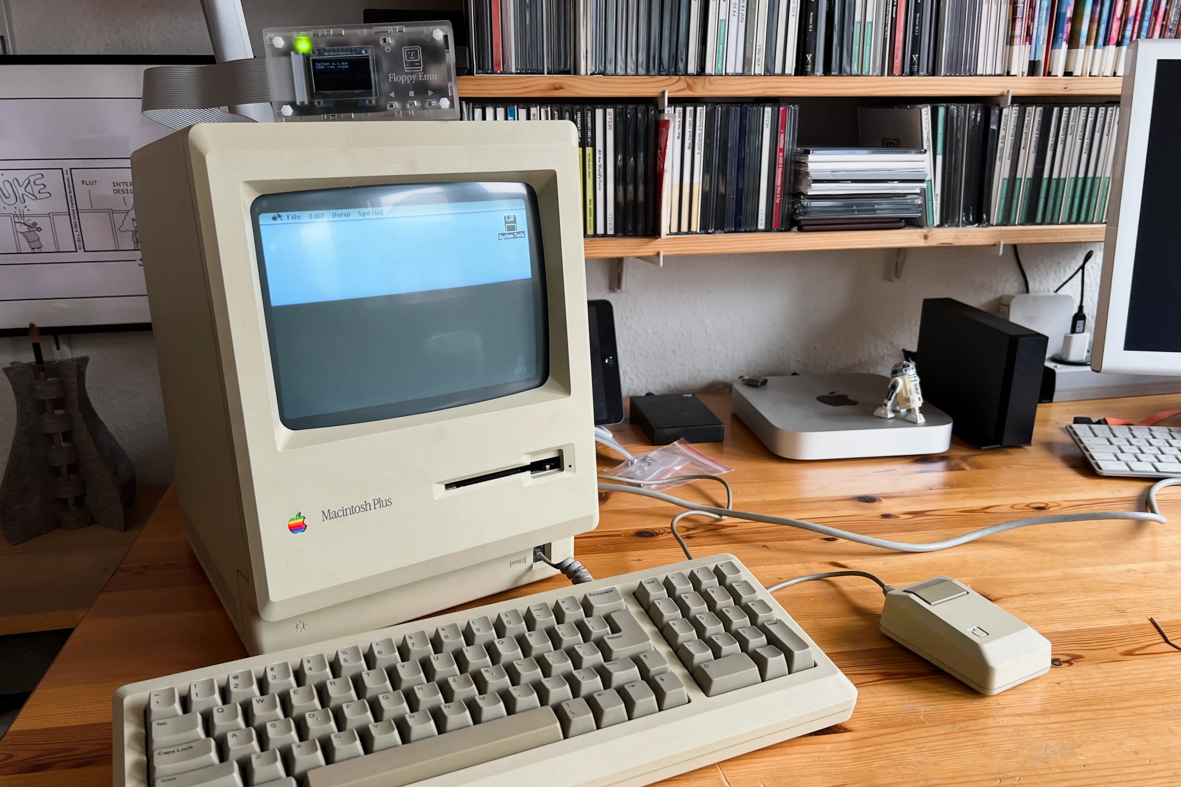 My Mac Plus running System 5 via the Floppy Emu