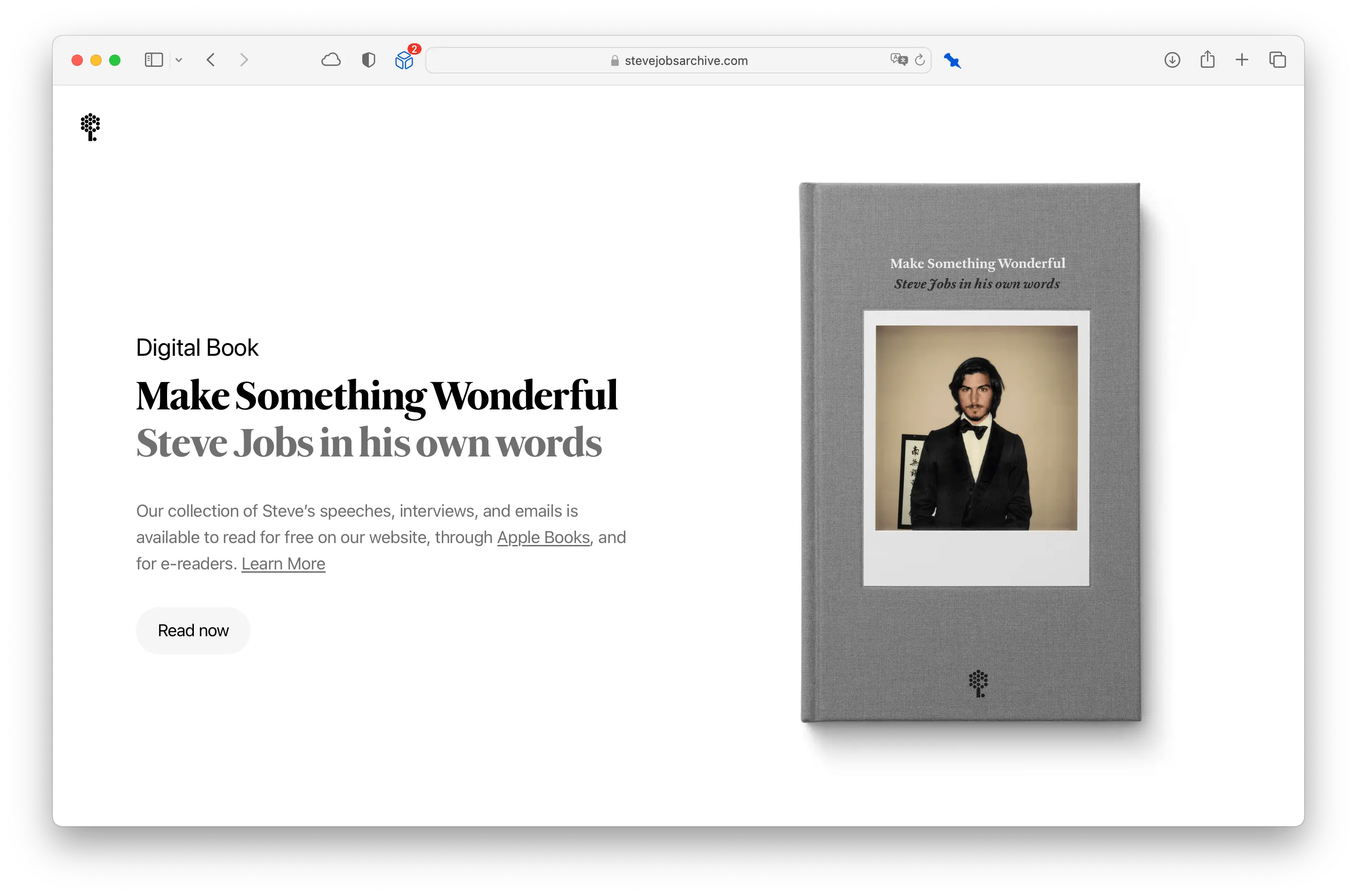 Homepage of the online book. The title is on the left, and an image of the book is on the right. The book cover is dark gray with polaroid photo of Steve.