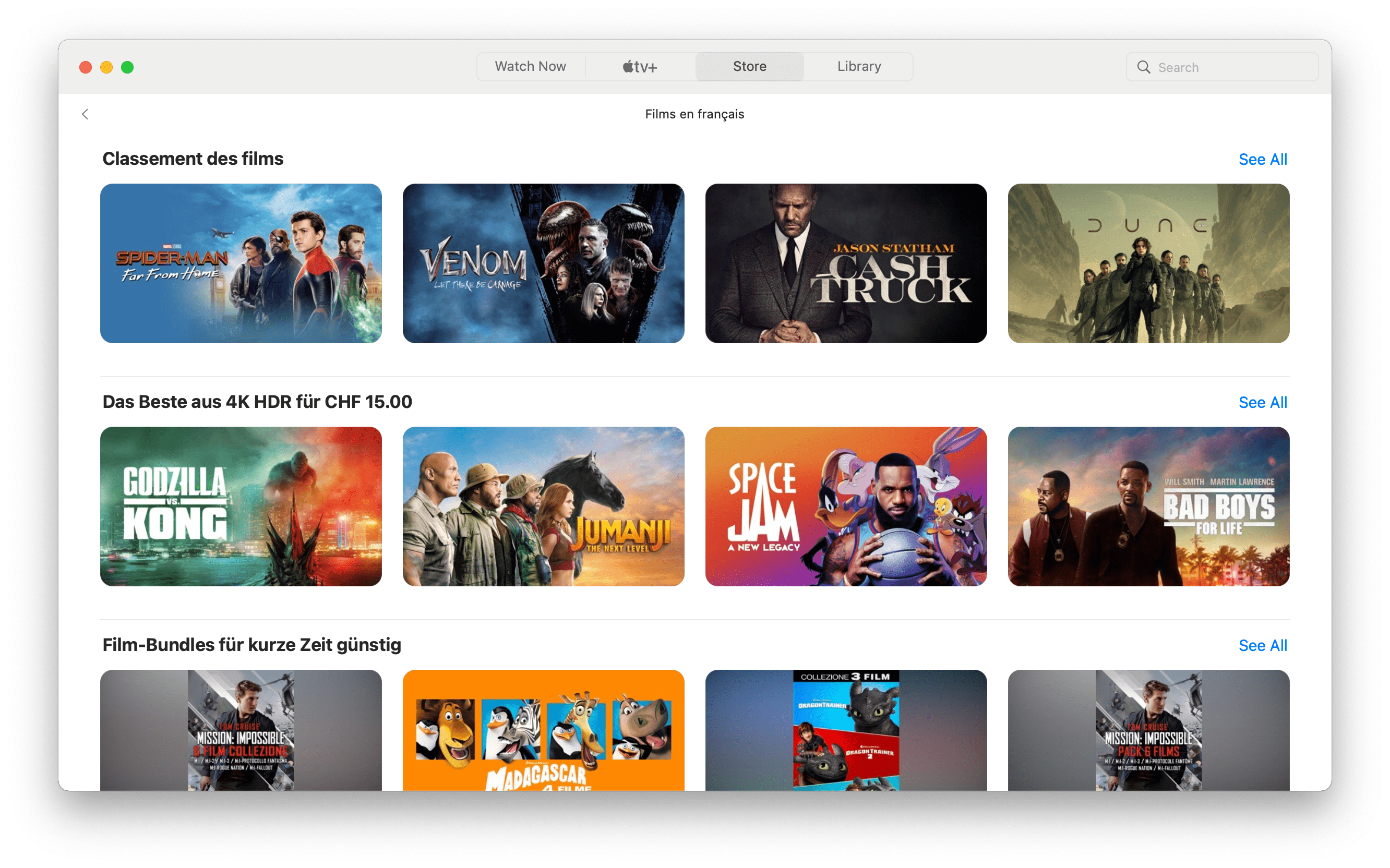 Apple TV app Store French selection with content labels in German