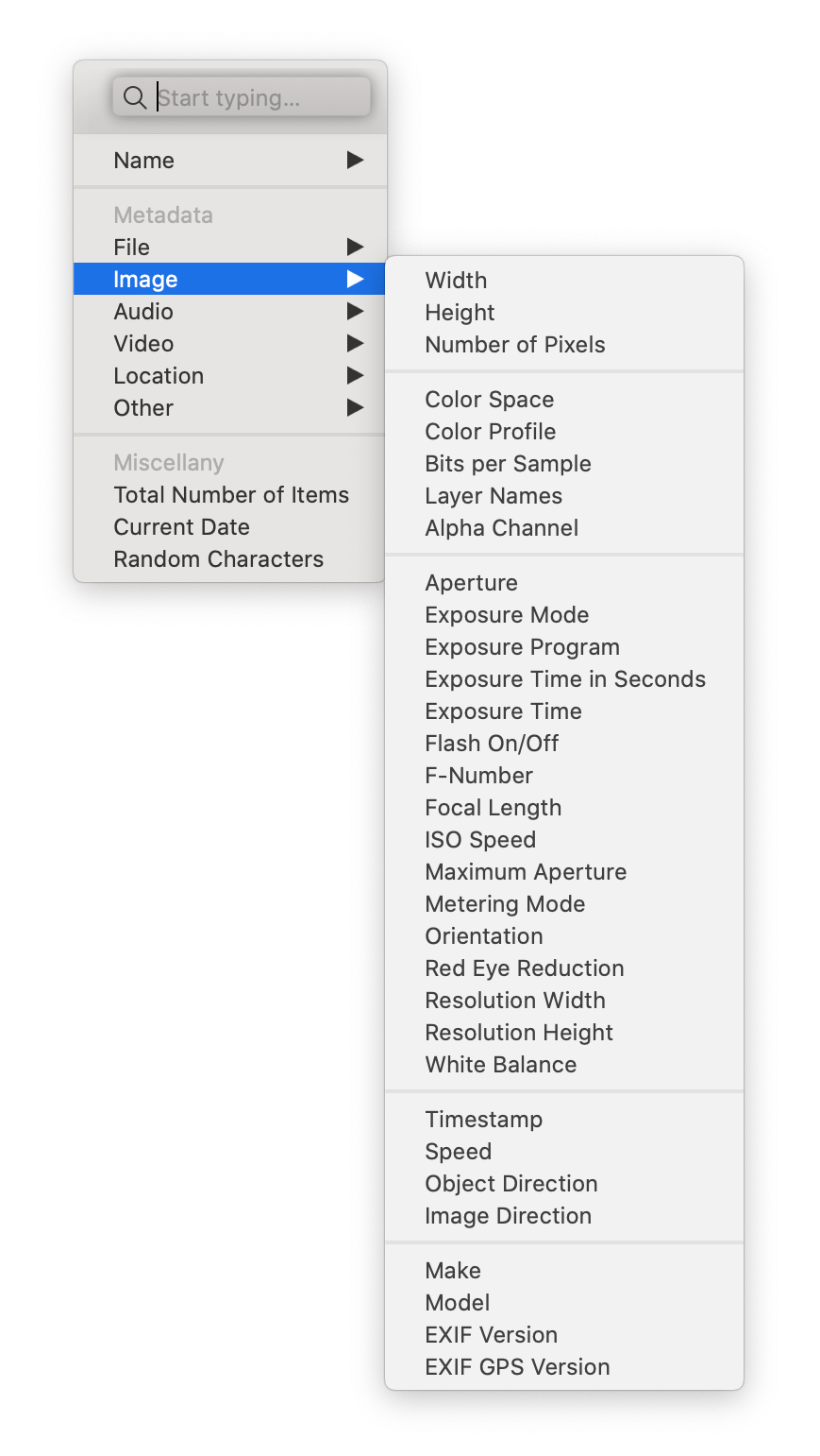 Dropdown menu of image meta you can use in your workflow