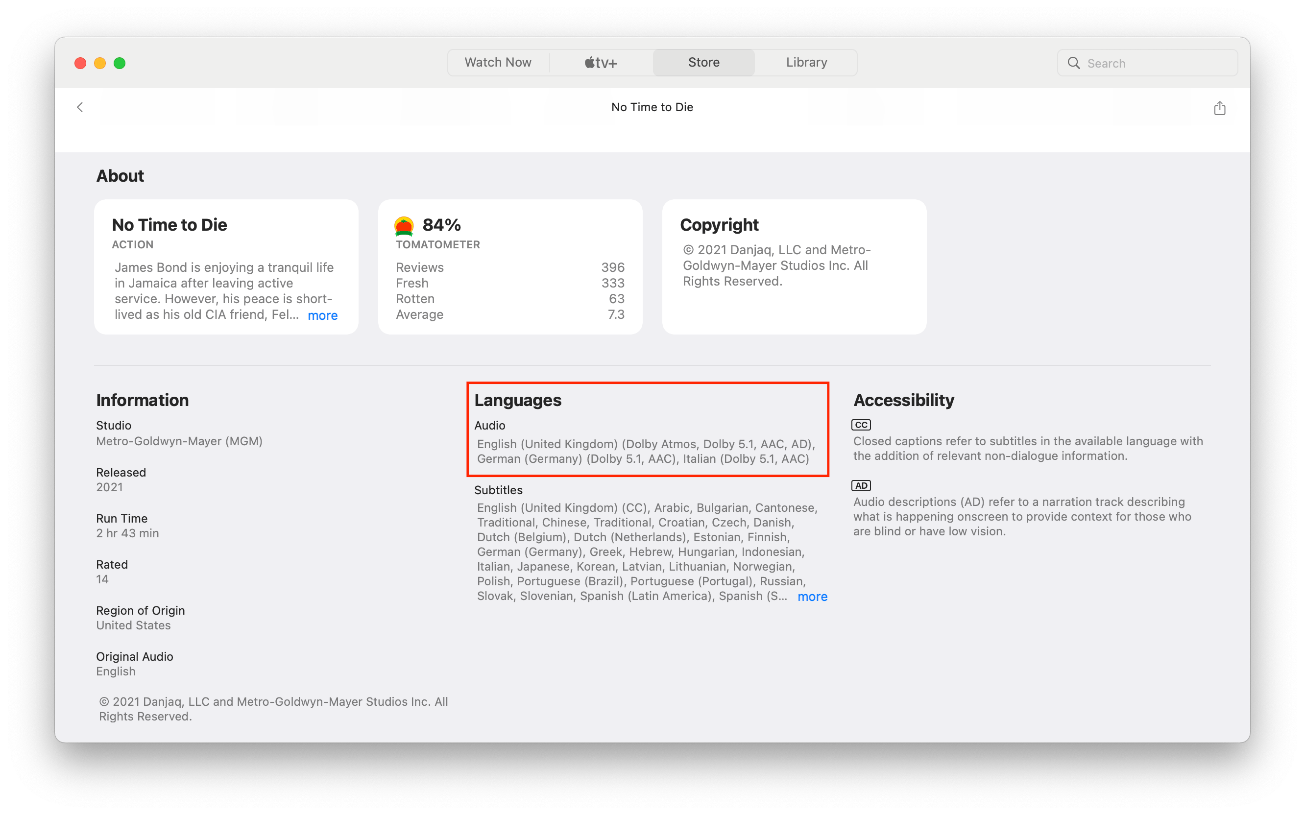 No time to Die movie infoamtion. French is missing from the language list.