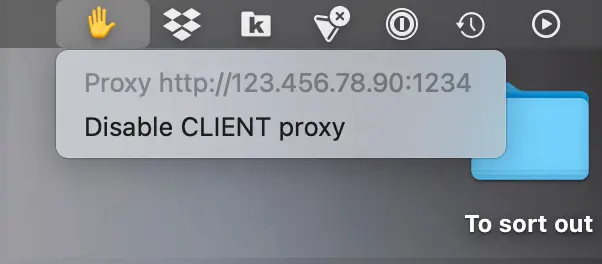 Menubar displaying a hand emoji with a dropdown menu offering to disable web proxy settings