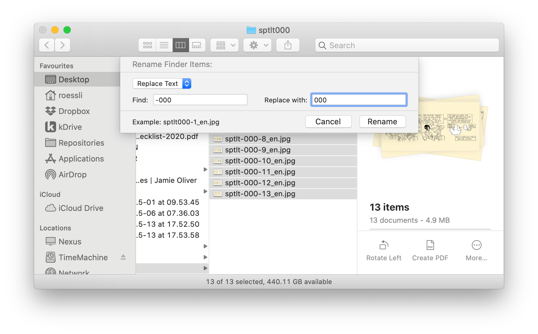 Screenshot of a Finder window in multiple rename mode