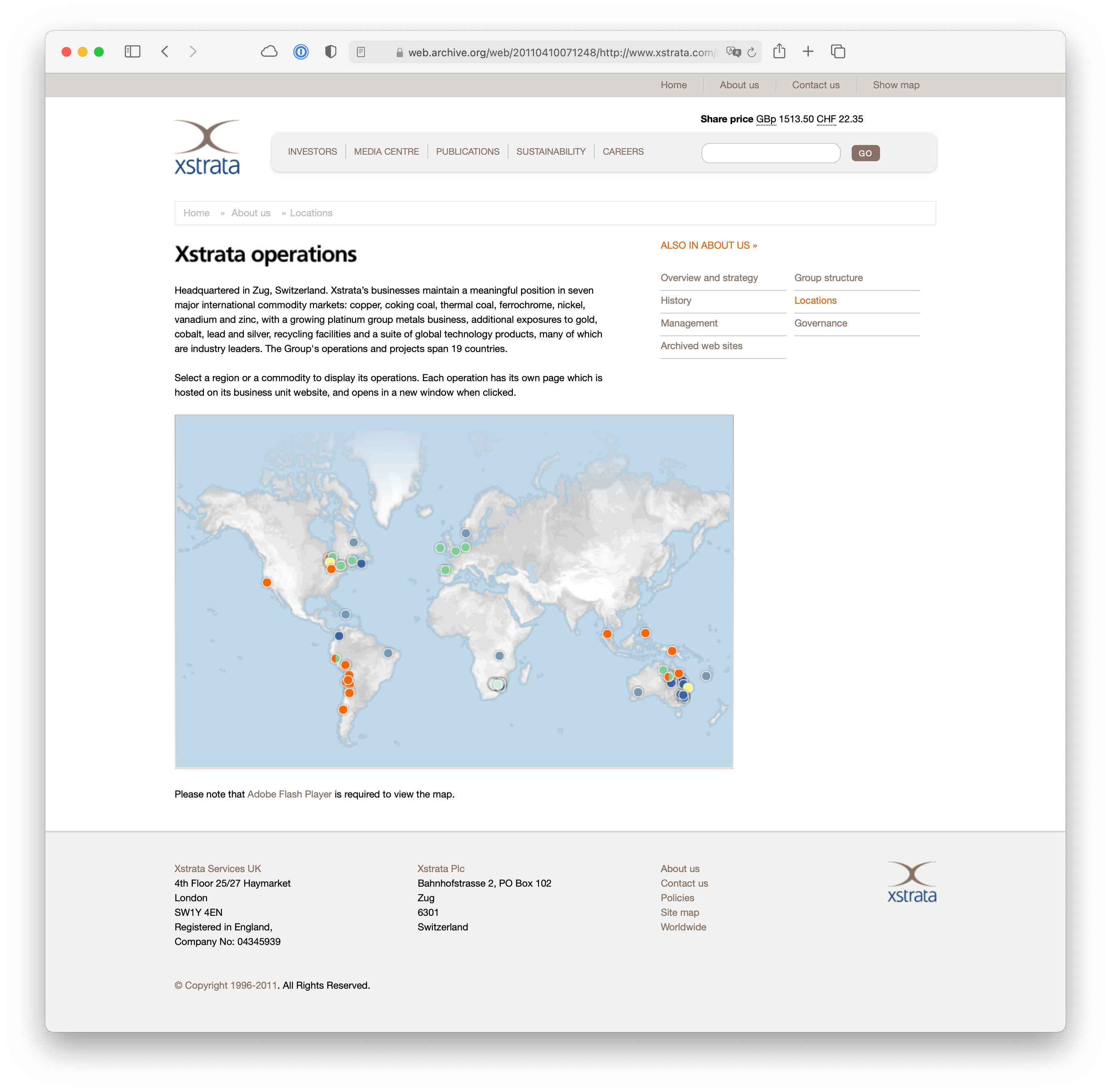 Screenshot of Xstrata's operation map
