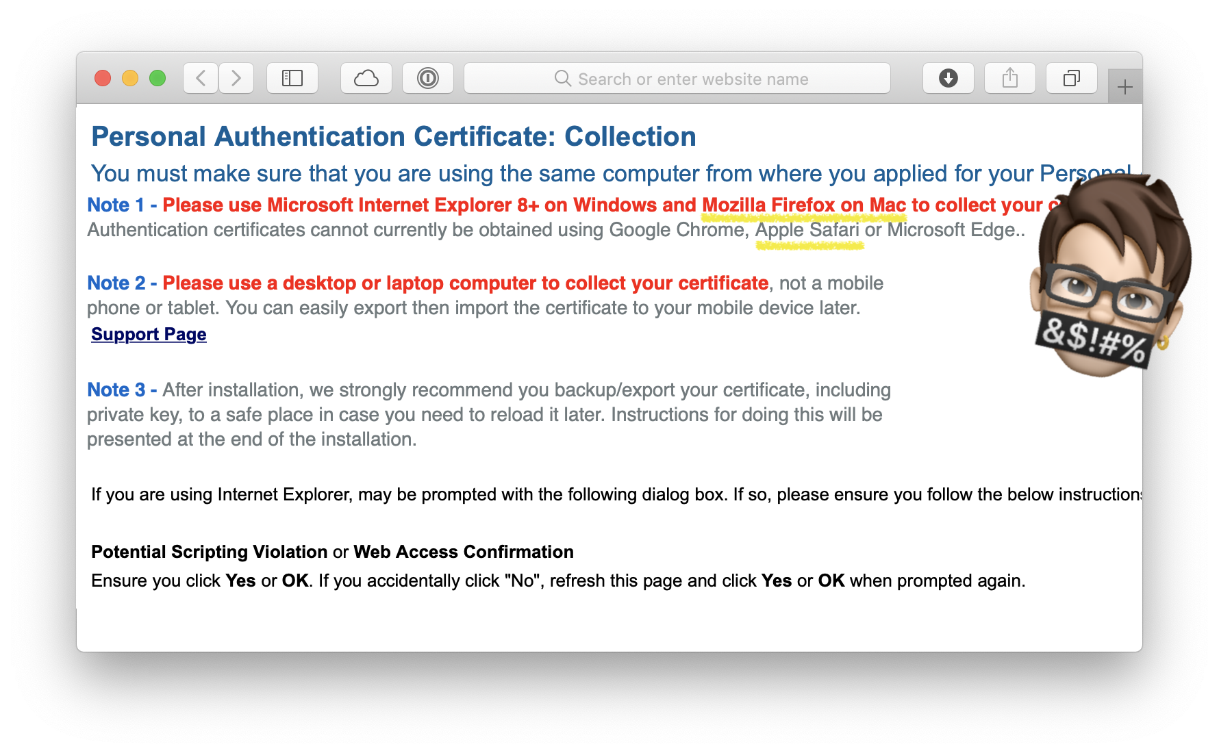 Screenshot with incorrect instructions on how to collect your certificate