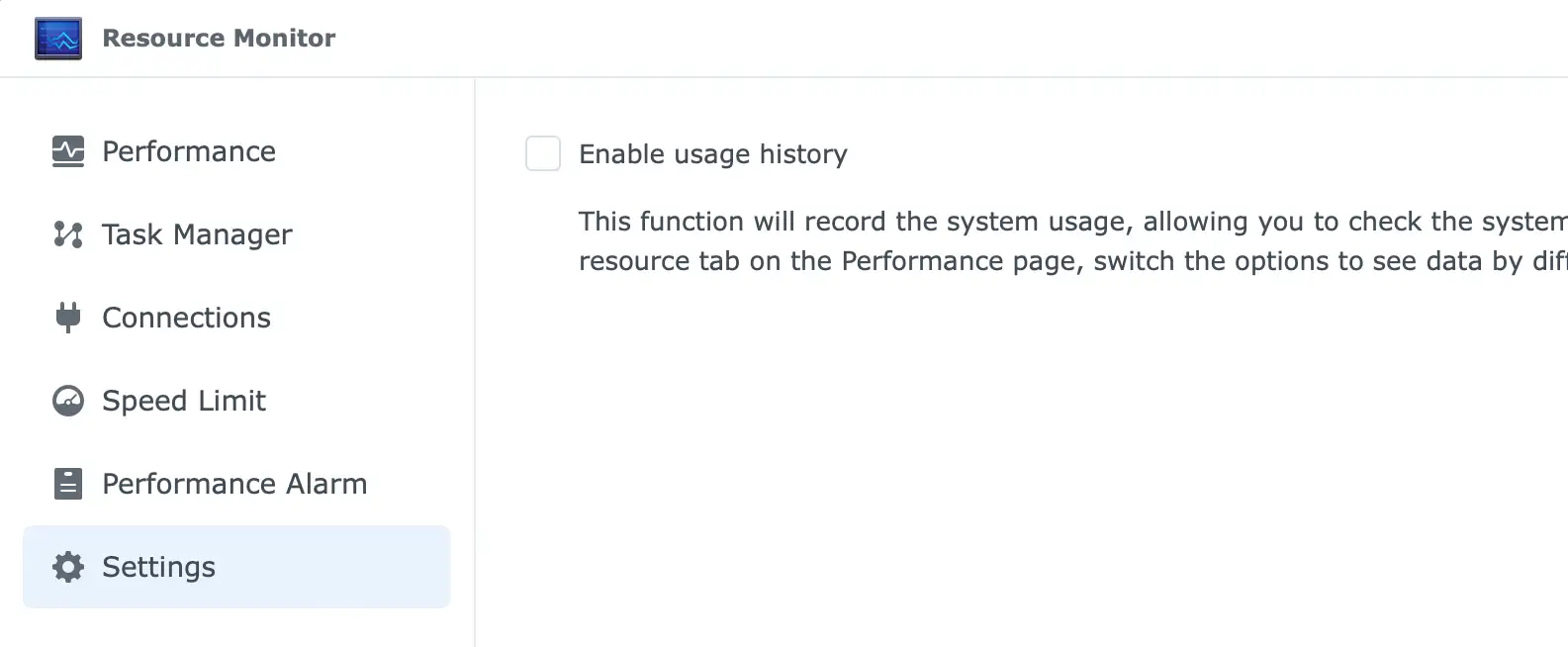 Ressource Monitor settings displaying the unchecked Enable usage history