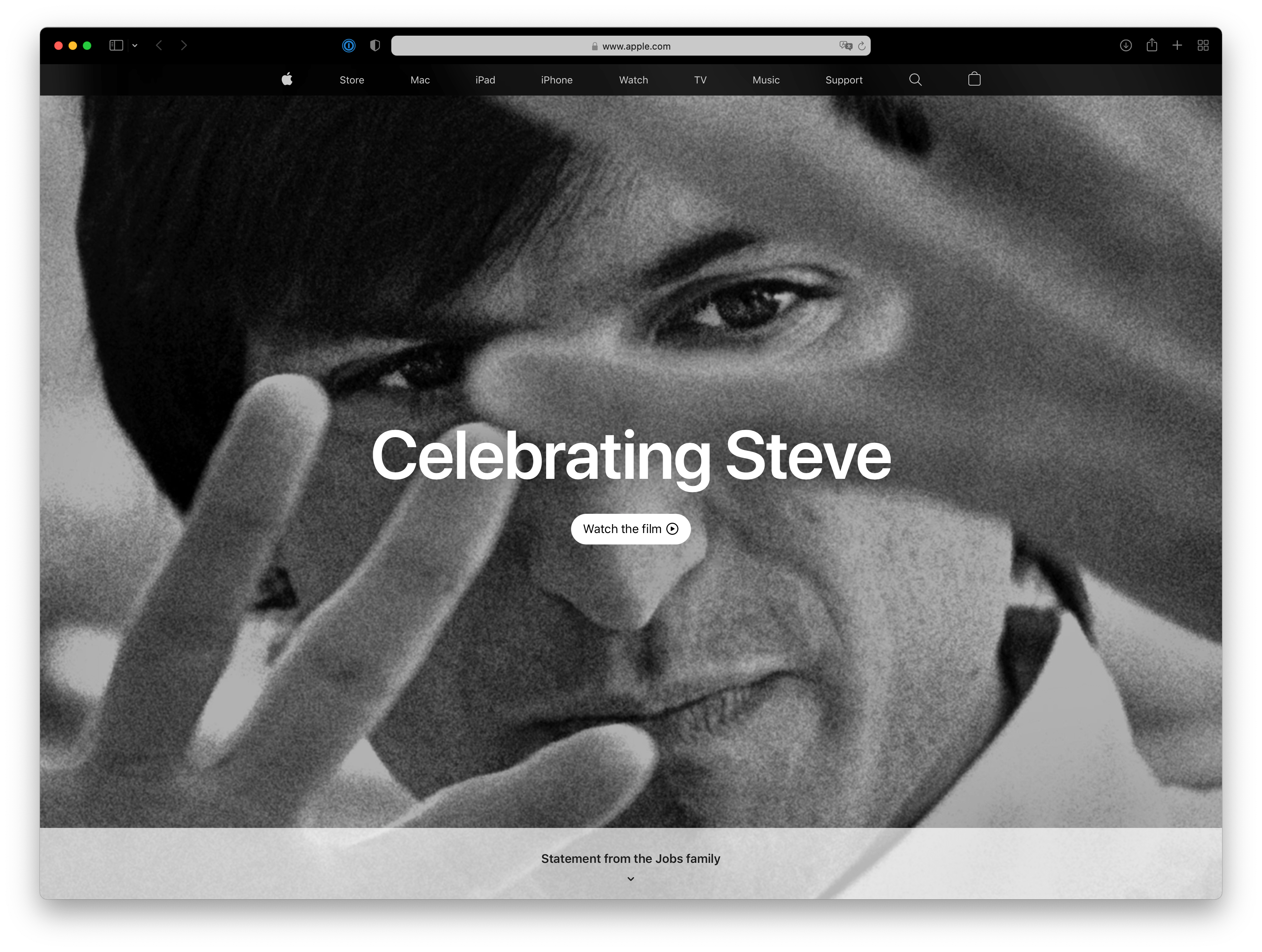 Screenshot of apple.com displaying a black and white photo of Steve Jobs with his hands in front of his face, probably explaining something with passion