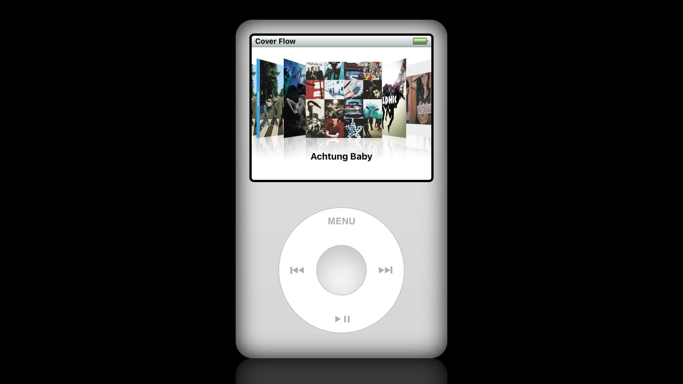Image of a silver iPod in cover-flow mode