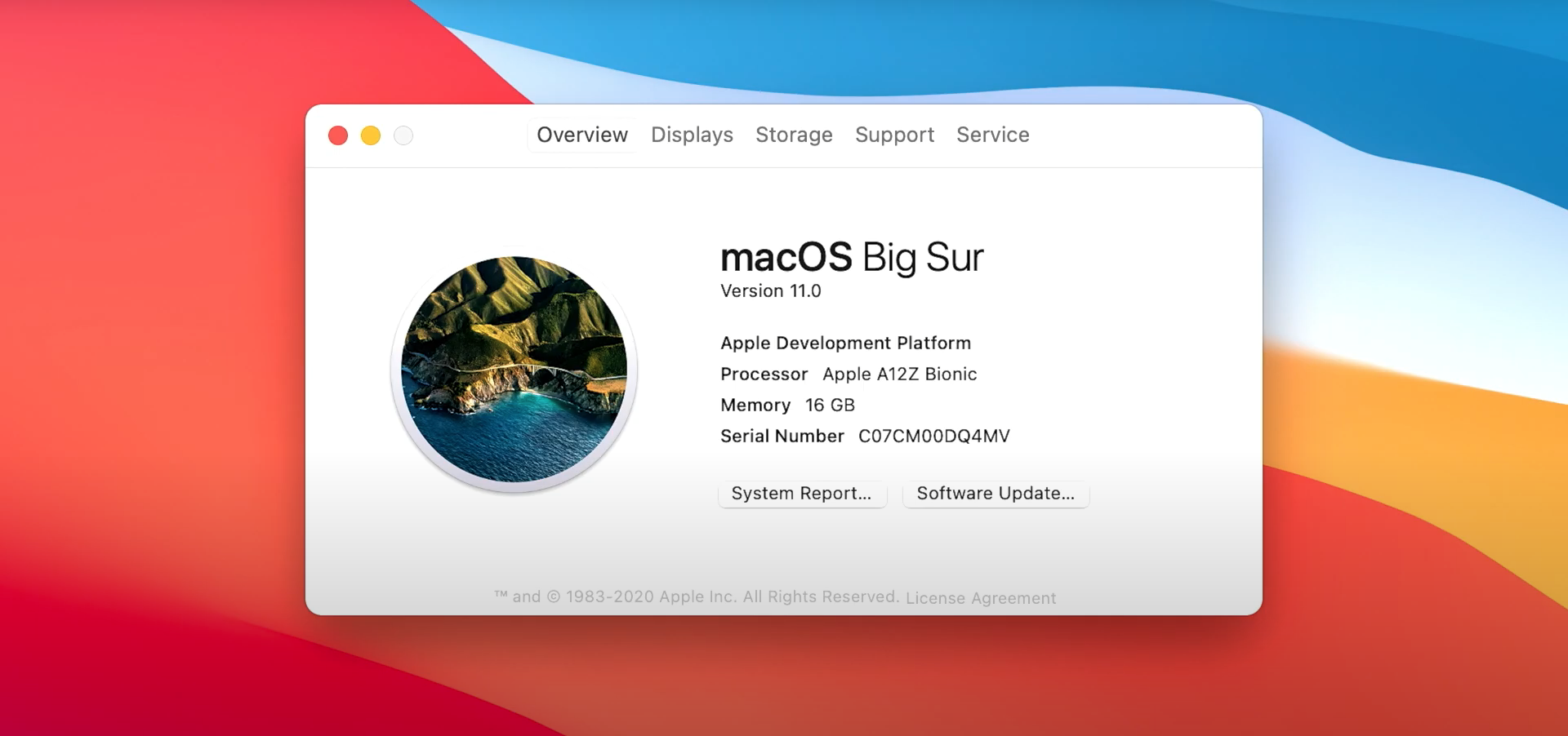 macOS Big Sur About This Mac dialog box running on an Apple A12Z