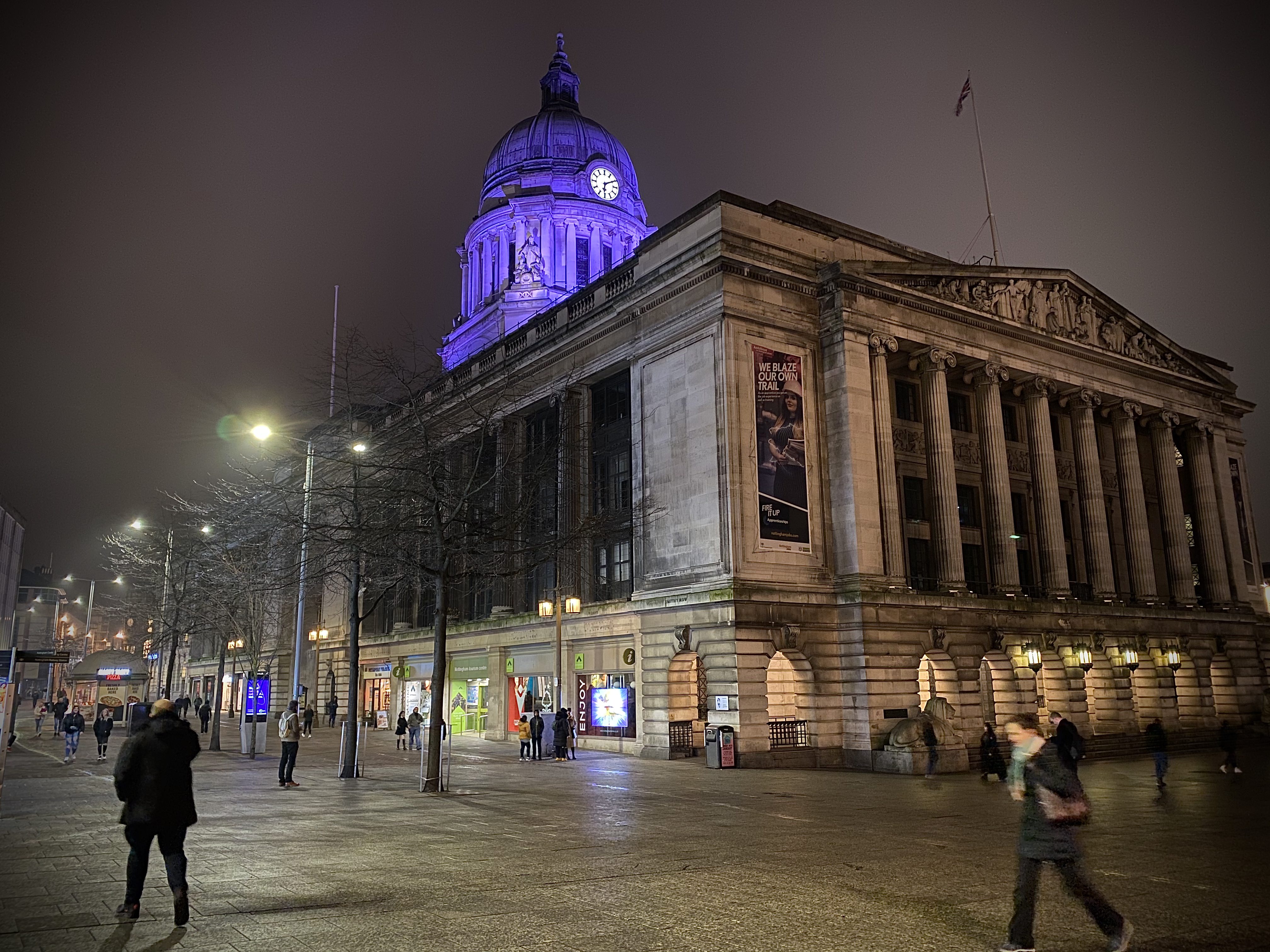 Nottingham Exchange illuminated purple at night