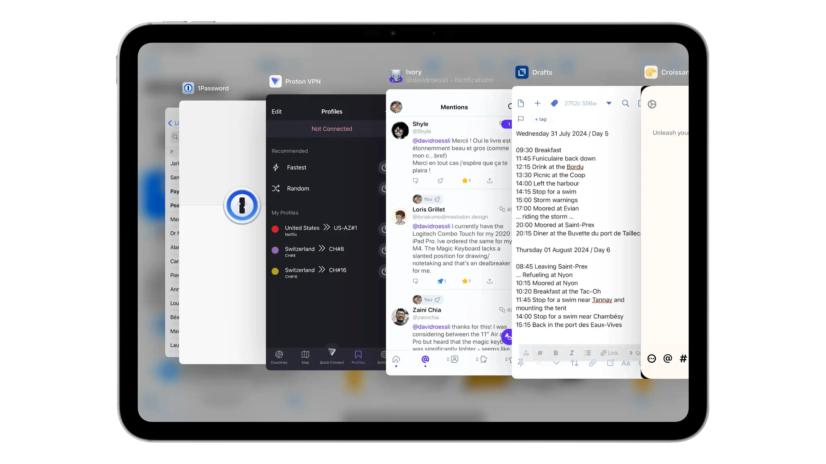 A screenshot of iPadOS 18 Slide Over apps fanned out framed in an iPad 11
