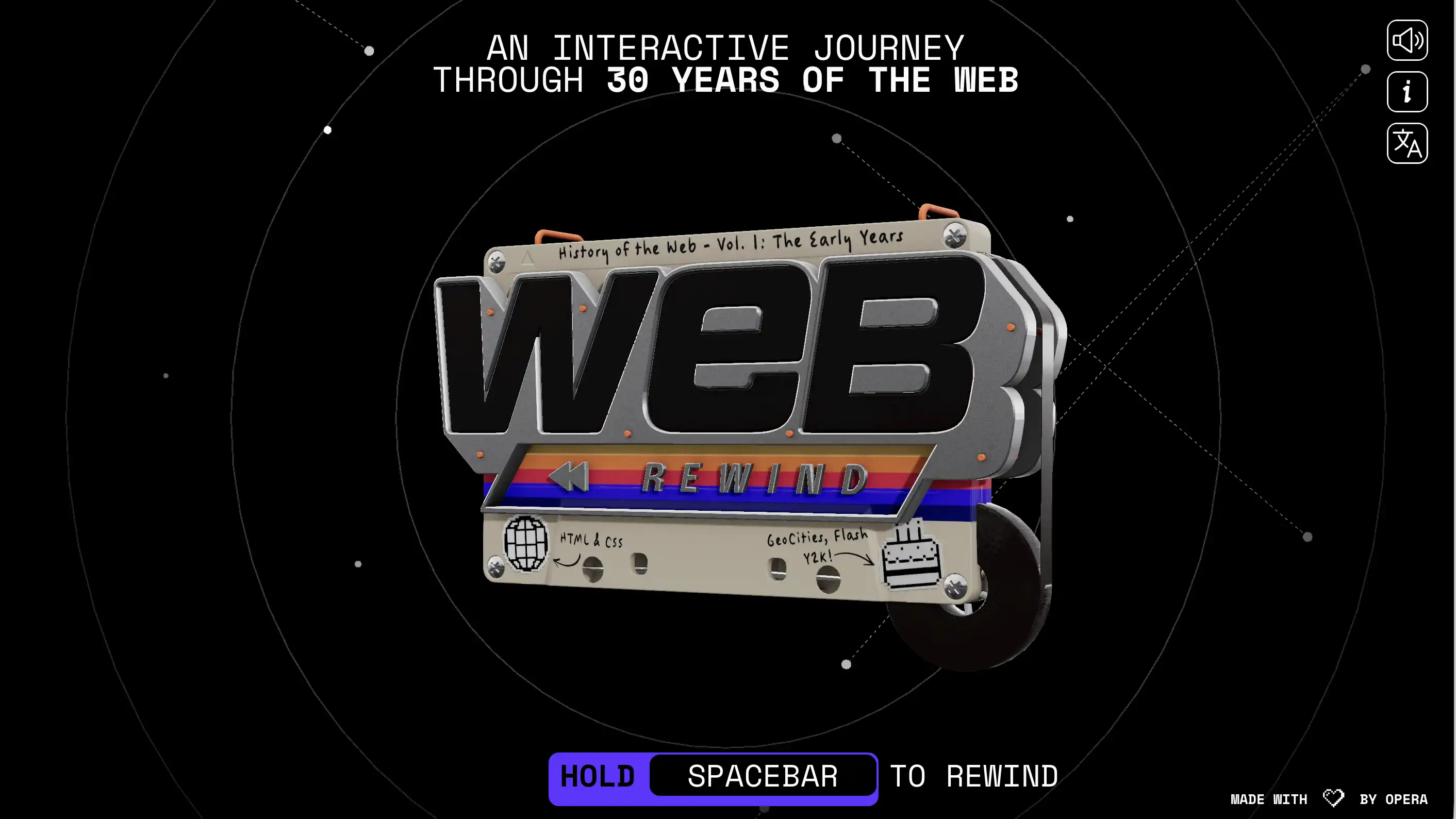 Screenshot of the Web Rewind intro page showing the words Web Rewind in glorious metallic 3D on a cassette tape